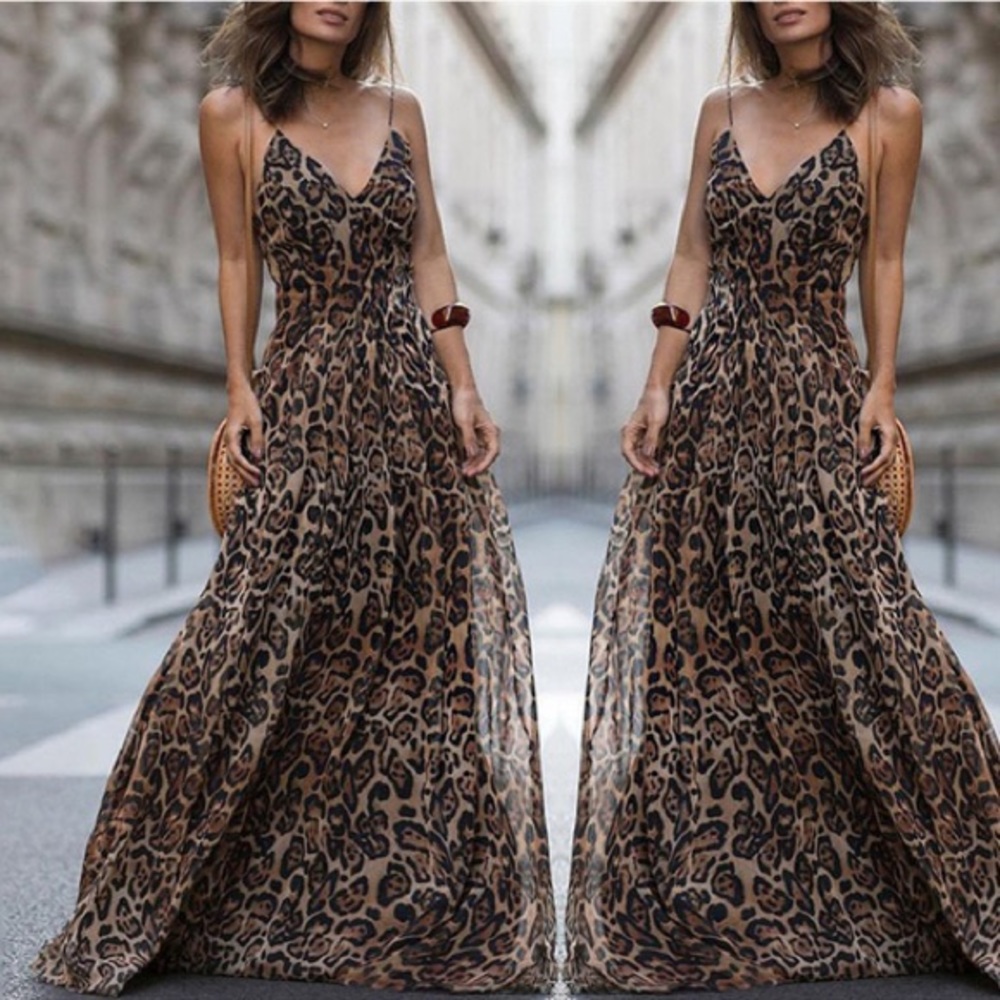 SOLD-Leopard print spaghetti strap maxi dress